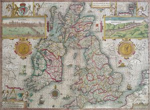 Ison-Britannian ja Irlannin kuningaskunnan kartta, 1610 (käsinvärinen kaiverrus)