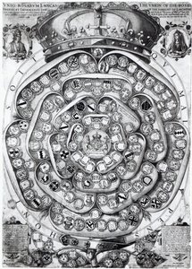 Lancasterin ja Yorkin perheiden ruusujen liitto, 1589 (levykaiverrus) tekijältä Jodocus Hondius