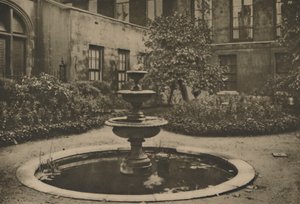 Muinainen mulperipuu ja suihkulähde Drapers Hallin puutarhassa, vuodelta 1935.
