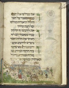 MS Add. 14762, f.15r Exodus ja Punaisenmeren ylitys, "Ashkenazi Haggadah", noin 1460 (vellum) tekijältä Joel ben Simeon Feibusch