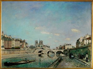 Seine ja Notre-Dame de Paris, näkymä Quai des Grands Augustinsilta ja Pont Saint Michel (maalaus kankaalle)