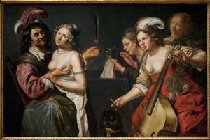 Tuhlaajapoika eli "viiden aistin allegoria". Johannes Baeckin (n. 1600-1654) maalaus öljy kankaalle tekijältä Johan Baeck