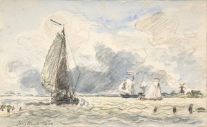 Hollantilaiset kalastusveneet, Verso: Veneiden luonnokset, 1870. tekijältä Johan Barthold Jongkind