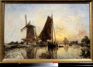 Hollantilainen maisema, veneitä tehtaan lähellä Jean Barthold Jongkindin (1819-1891) maalaus 1868 su. 0,52x0,81 m Pariisi, Musee d