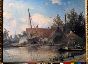 Jean Barthold Jongkind (1819-1891) 1857 Su. Hollannin maisema ison veneen kanssa. 0,42x0,56 m tekijältä Johan Barthold Jongkind