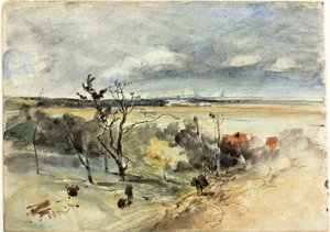 Maisema miehen kanssa aasin selässä (recto) Kaksi naista kahvilassa (verso) tekijältä Johan Barthold Jongkind