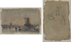 Näkymä Arnheimista (recto) Härkätutkimukset (verso) tekijältä Johan Barthold Jongkind