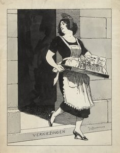 De Amsterdammerin havainnollistava malli: Hollannin neitsyt piika, jolla on lasitarjotin, kompastuu vaaliaskeleen (17. toukokuuta 1924)