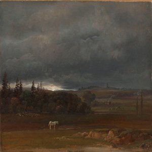Pelto Dresdenin lähellä ja valkoinen hevonen tekijältä Johan Christian Dahl
