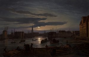 Moonlightin Kööpenhaminan satama, 1846. tekijältä Johan Christian Dahl