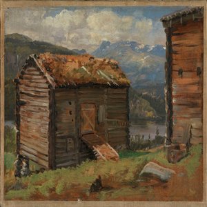 Maatilan rakennuksia Hjellessä Valdresissa tekijältä Johan Christian Dahl