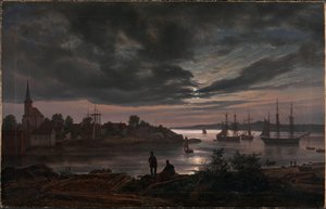 Norjalainen:  Larvik kuunvalossa Larvik by Moonlight tekijältä Johan Christian Dahl