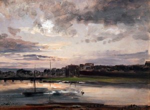 Elbe ja Dresdenin Neustadt iltavalossa / Elbe ja Neustadtin ranta Dresdenissä iltavalossa tekijältä Johan Christian Dahl