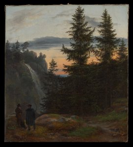Kaksi miestä vesiputouksen edustalla auringonlaskun aikaan tekijältä Johan Christian Dahl