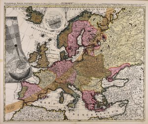 Eclipseos Solis totalis cum mora d. 12 Maji 1706 horis antem in Europa celebratae geographica repraesentatio, in qua centralis umbrae traktus ac reliquae magnitudines suis locis kompetentes, ex illustrium virorum observibus dedctae per arcus parallel tekijältä Johan Gabriel Doppelmayr