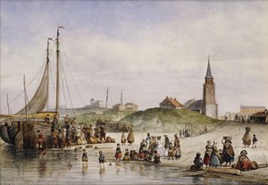 Kalastajat rannalla ja kaupungin takana, 1857 tekijältä Johan Gerard Smits