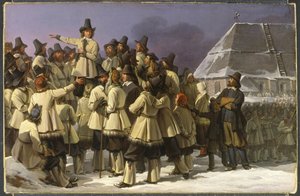Ruotsin kuningas Kustaa Vaasa puhuttelee Taalainmaista Moran miehiä, kirjoittanut Sandberg, Johan Gustaf (1782-1854). Öljy kankaalle