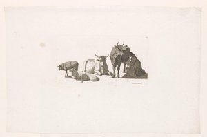 Nainen lypsämässä lehmää, nautakarjan ja lampaiden kanssa. tekijältä Johan Jakob Biedermann