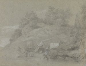 Joki kallion rannalla hahmoineen, mahdollisesti Intiassa tekijältä Johan Joseph Zoffany