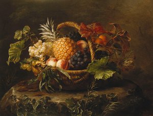 Ananas, viinirypäleet, persikat ja aprikoosit korissa, tekijältä Johan Laurents Jensen