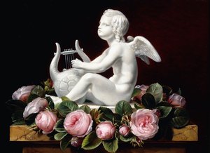 Vaaleanpunaisten ruusujen seppele Cupidon ympärillä soittamassa lyyraa marmorikielekkeellä, 1841