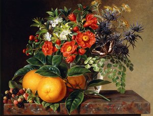 Appelsiinit, karhunvatukat ja kukkamaljakko reunalla, 1834