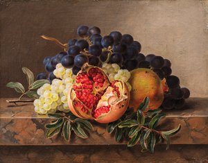 Granaattiomenia ja vihreitä ja sinisiä viinirypäleitä marmorikehyksessä, 1833.
