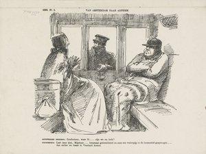 Sarjakuva monista onnettomuuksista Rhijnspoorwegilla, 1866 Amsterdamista Arnhemiin (otsikko esineessä)