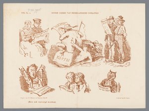 Sarjakuva erityyppisistä sanomalehtilukijoista, 1870 Jotkut hollantilaisten sanomalehtien lukijat (otsikko esineessä)
