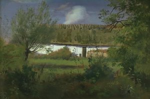 Maatilarakennus auringossa tekijältä Johan Thomas Lundbye