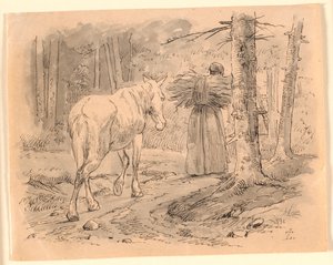 Vaimo ja hevonen. Kuvitus Kaalundin "Fables for Children" -kirjaan. Katso kommentti arkkiluettelosta. tekijältä Johan Thomas Lundbye