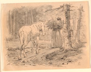 Vaimo ja hevonen. Kuvitus Kaalundin "Fables for Children" -kirjaan. Katso kommentti arkkiluettelosta. tekijältä Johan Thomas Lundbye
