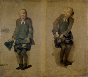 Kaksi luonnosta David Garrickista Abel Druggerina Alkymistissä, 1700-luku
