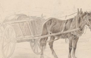 Ruskean hevosen vetämä kärry lähellä lampputankoa, Verso: ryhmä ratsastettuja upseereita, n. 1815.