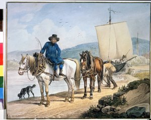 ""Hevonen ja kärryt joella"". Hevoset joen varrella, jotka hinaavat venettä tai joita käytetään tavaroiden purkamiseen hinausradalla." Johann Adam Kleinin (1792-1875) maalaus