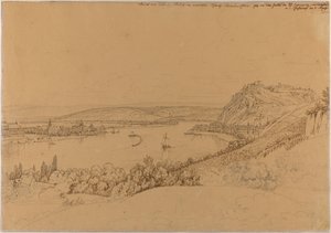 Näkymä Koblenzista, Reinistä ja Ehrenbreitsteinin linnoituksesta (etusivu); näkymä Heidelbergin linnasta (kääntöpuoli). tekijältä Johann Adam Klein