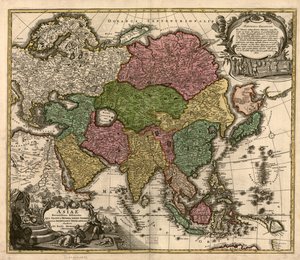 Asiae recentissima delineatio, qua status et imperia totius orientis unacum orientalibus indiis exhibentur LOC 2007627524 tekijältä Johann Baptist Homann