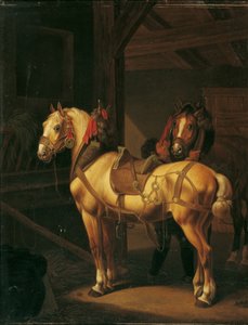 Kaksi vetohevosta tallissa tekijältä Johann Baptist Michael Dallinger von Dalling