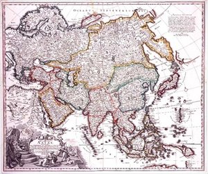Vähä-Aasia, Arabia ja Japani, n. 1725 (värikaiverrus) tekijältä Johann Baptista Homann