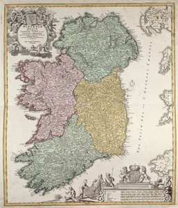 Irlannin kartta, jossa näkyvät Ulsterin, Munsterin, Connaughtin ja Leinsterin maakunnat, kirjoittanut Johann B. Homann, n. 1730 (käsinvärinen kaiverrus)