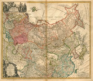 Venäjän kartta (Lähettäjä: Imperii Russici et Tartariae universae so majoris et Asiaticae qua miniris et Europaeae tabula) - Homann, Johann Baptist (1663-1724) - 1738 - Kuparikaiverrus, akvarelli - Yksityiskokoelma