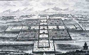 Perspektiivinäkymä keisarilliseen palatsiin, Peking, Kiina, "Historiallisen arkkitehtuurin suunnitelmasta", kaiverrettu Johann Adam Delsenbach (1687-1765) 1721 (kaiverrus) tekijältä Johann Bernhard (after) Fischer von Erlach