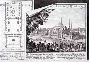 Suunnitelma ja näkymä Süleymaniye-moskeijasta Istanbulissa, "Historiallisen arkkitehtuurin suunnittelu", kaiverrettu Johann Adam Delsenbach