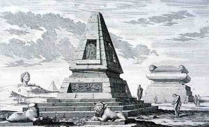 Pyramidit, jotka merkitsevät Egyptin kuningas Sotisin hautaa, löydetty Heliopoliksen raunioista. julkaisusta "Entwurf einer historischen Architektur"