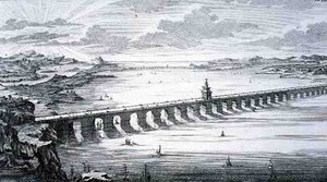 Suuri kiinalainen silta, Focheun ja Nantain välillä Kiinassa, "Historiallisen arkkitehtuurin suunnitelmasta", kaivertanut Johann Adam Delsenbach (1687-1765) 1721 (kaiverrus)