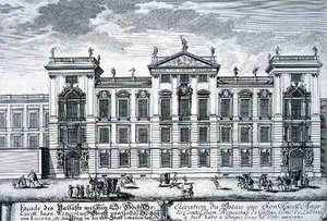 Kreivi Johannes Venceslauksen palatsi, Praha, Entwurf einer historischen Architekturista, kaiverrus Johann Adam Delsenbach (1687-1765) 1721 (kaiverrus) tekijältä Johann Bernhard (after) Fischer von Erlach