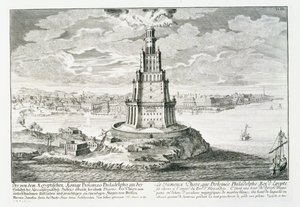 Aleksandrian Pharos, levy 9 teoksesta "Design of an Historical Architecture", kaiverrus Johann Adam Delsenbach (1687-1765) 1721 (kaiverrus) tekijältä Johann Bernhard (after) Fischer von Erlach