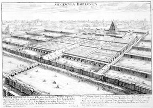 Näkymä muinaisesta Babylonista, jossa näkyvät riippuvat puutarhat ja Jupiter Beluksen temppeli, Entwurf einer historischen Architekturin levy 3, kaiverrus Johann Adam Delsenbach (1687-1765) 1721 (kaiverrus)