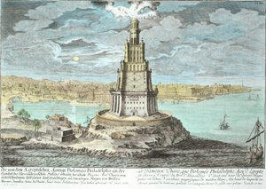 Majakka Aleksandriassa, jonka rakensi Ptolemaios Suuri (36-30 eKr.), Egypti, Entwurf einer historischen Architekturista, kaiverrus Johann Adam Delsenbach (1687-1765) 1721 (myöhempi väri