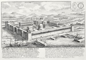 Diocletianuksen palatsi (245-313), Split, Jugoslavia, teoksesta "Historiallisen arkkitehtuurin suunnittelu", 1721 tekijältä Johann Bernhard Fischer von Erlach